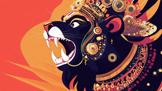 Majestic Narsimha - Hindu God of Strength Roaring Powerfully in Traditional Ornaments on Minimalist Background