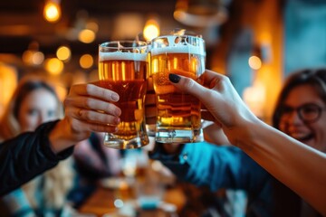 Group of friends drinking beer glass party.