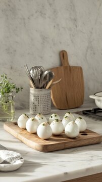 An empty scene featuring blank mockup template (a gourmet kitchen filled with culinary tools, focusing on the preparation of exotic deviled egg variations), 