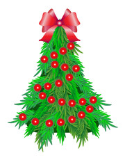 Christmas and New Year tree. Decorated for the holidays spruce. Merry Christmas. Christmas decorations. Decor for the winter holidays.	