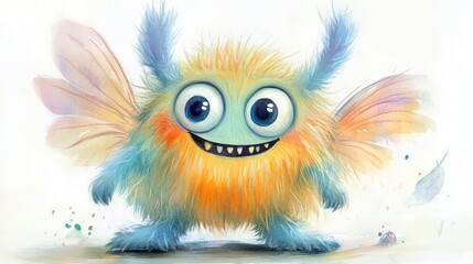 Fototapeta premium Playful monster, soft fur, tiny wings, bright expression, watercolor style
