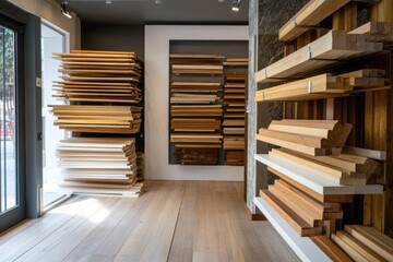 Obraz premium A storage room filled with stacks of wooden planks