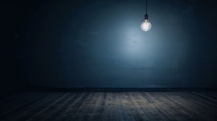 Dark empty room with single flickering light bulb casting long shadows, emphasizing absence of power and eerie atmosphere, minimalist setting with focus on light bulb's glow.