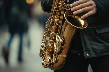 Obraz premium A musician performing on the streets of the city, great for background music or urban scenes