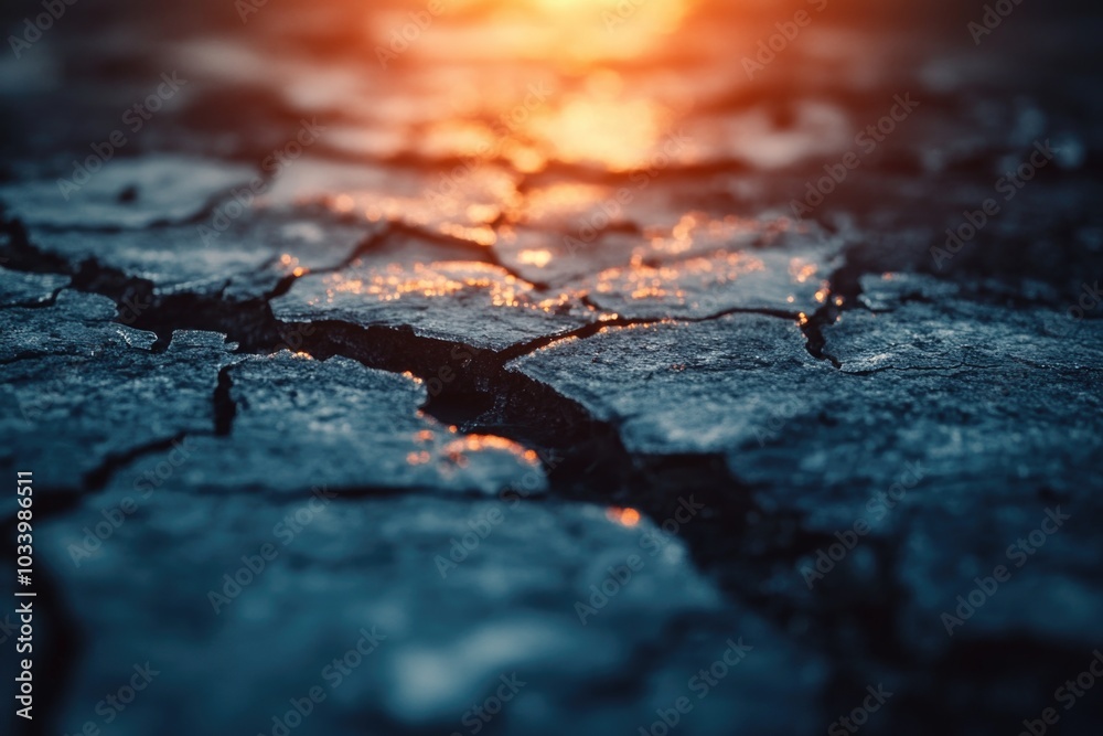 Poster A crack in the ground with the sun shining through, suitable for use as a metaphorical representation of change or transformation