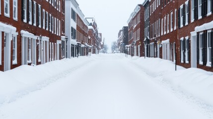 Fototapeta premium A serene winter landscape featuring snow-covered roads and houses under a gray sky, creating a tranquil and picturesque scene.