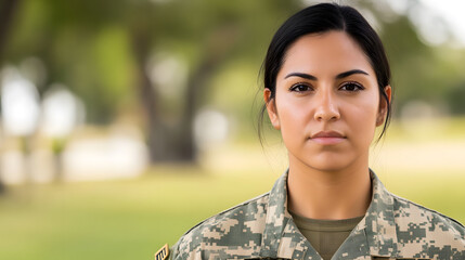 Empowered Latina Soldier Exudes Strength and Resilience in Camouflage Uniform Against a Serene Background of Nature