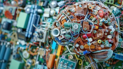 image showcases detailed representation of brain made from various electronic components, symbolizing intersection of technology and human cognition. This intricate design evokes sense of innovation