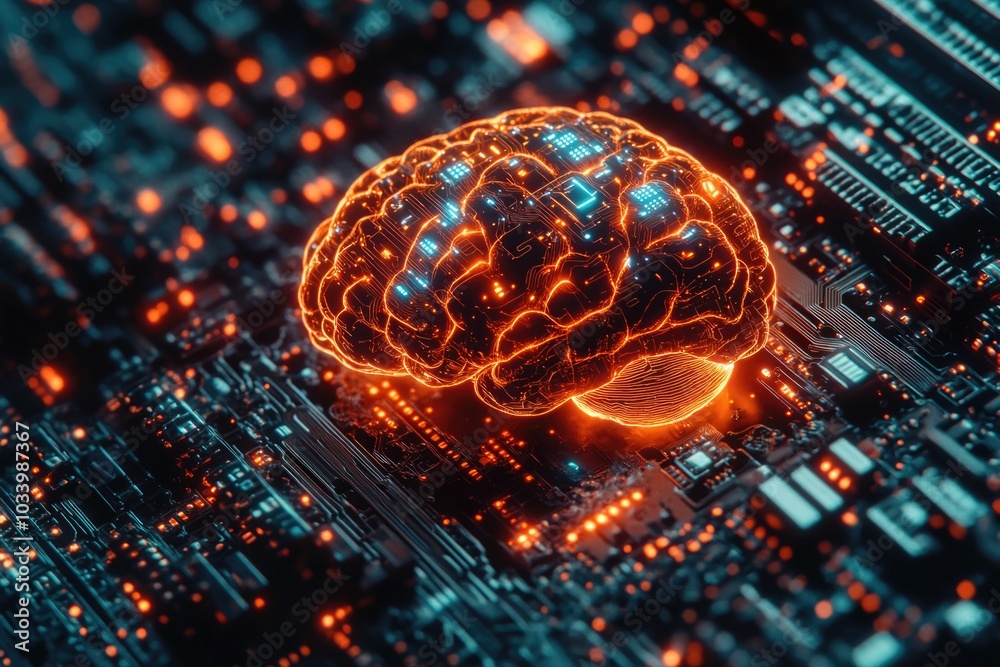 Poster A futuristic computer motherboard featuring a glowing brain component