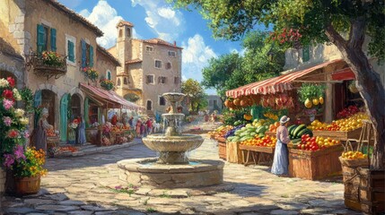 Fototapeta premium A sunny, picturesque Italian town square with a fountain.