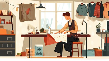 Tailor at work, creating a garment in a bright, cluttered workshop.