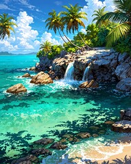 Serene Cove with Turquoise Water and Lush Palm Trees
