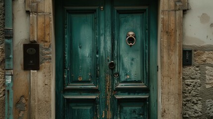weathered green door with peeling paint and vintage knocker, set against textured stone wall, evokes sense of history and charm