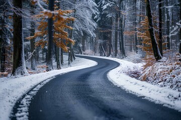 Obraz premium A winding road in the middle of a snowy forest