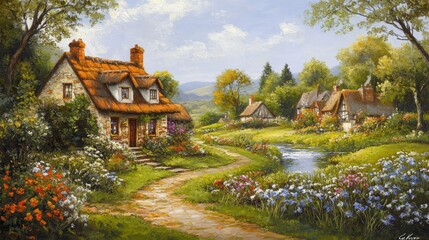 Fototapeta premium Cottage, stream, flowers, path, green hills.