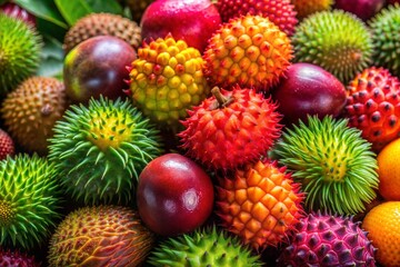Fototapeta premium Vibrant collection of spiky fruits in rainforest close-up