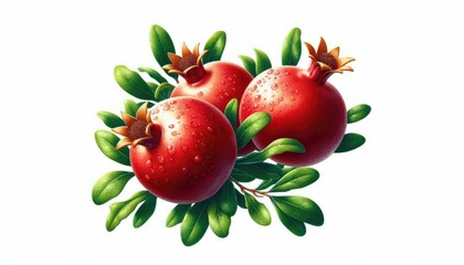 Fresh pomegranates with bright green leaves, strawberries are bright red and ripe, surrounded by leaves, making it look natural and healthy. The scene is simple and isolated.