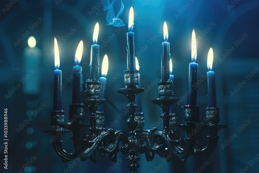 Poster a chandelier with lit candles illuminates a dark room, suitable for use as a background or to add am