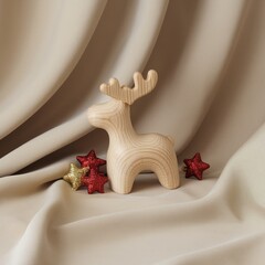Obraz premium Scandinavian inspired minimalist wooden reindeer Christmas decor resting on luxurious neutral beige fabric with small festive star ornaments.