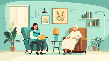 A caregiver interacting with an elderly man in a cozy living room setting.