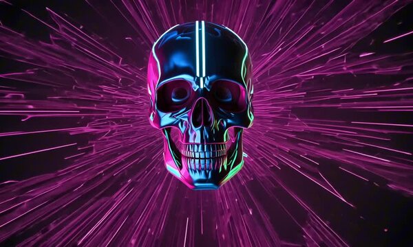 neon cybernetic skull in a dark pink purple virtual realm