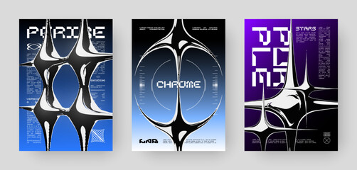 Set of Futuristic Abstract Cyberpunk Poster Design. Y2K Neon-lit geometric shapes, Silver Chrome, 2000s, shiny metallic surface, high-tech, sci-fi aesthetic.