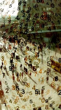 A vibrant urban crowd is shown with an abstract numerical overlay for deeper context