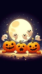 A cute and spooky Halloween scene featuring three jack-o'-lanterns with different expressions one cheerful, one surprised, and one grumpy. Each pumpkin has tiny, happy ghosts floating out of their top