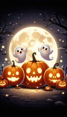 A cute and spooky Halloween scene featuring three jack-o'-lanterns with different expressions one cheerful, one surprised, and one grumpy. Each pumpkin has tiny, happy ghosts floating out of their top