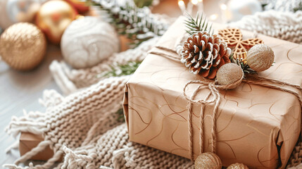 Gift boxes in craft paper. Christmas gifts under spruce branches on a brown wooden background