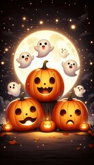 Naklejka premium A cute and spooky Halloween scene featuring three jack-o'-lanterns with different expressions one cheerful, one surprised, and one grumpy. Each pumpkin has tiny, happy ghosts floating out of their top