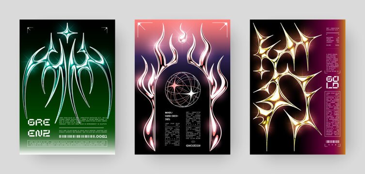 Set of Futuristic Abstract Cyberpunk Poster Design. Y2K Neon-lit geometric shapes, Silver Chrome, 2000s, shiny metallic surface, high-tech, sci-fi aesthetic.