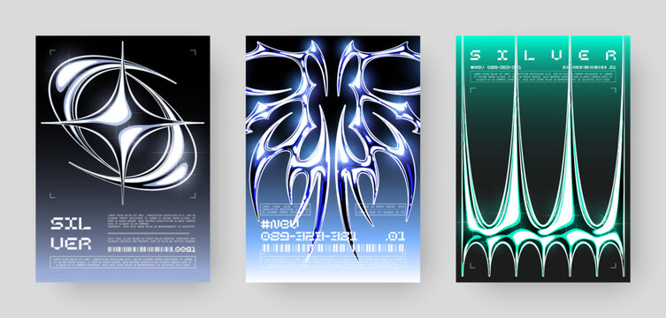 Set of Futuristic Abstract Cyberpunk Poster Design. Y2K Neon-lit geometric shapes, Silver Chrome, 2000s, shiny metallic surface, high-tech, sci-fi aesthetic.