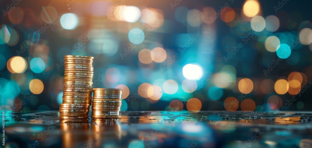 Fototapete A close-up view of stacked gold coins on a reflective surface, with a blurred colorful background creating a sense of wealth and prosperity.