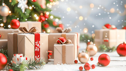 New Year 2025 interior with candles, bulbs and bokeh. Room decorated to christmas celebration. Christmas tree with presents