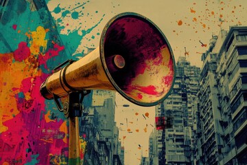 A megaphone with vibrant paint splatters on the background, ideal for use in illustrations or designs related to art, creativity, and self-expression