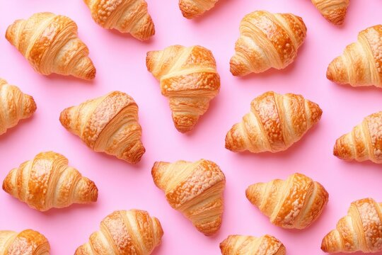 Flaky croissants on a bright pink surface, ideal for food or baking photography