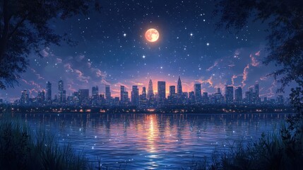 Serene city skyline at night with a glowing moon and reflections.