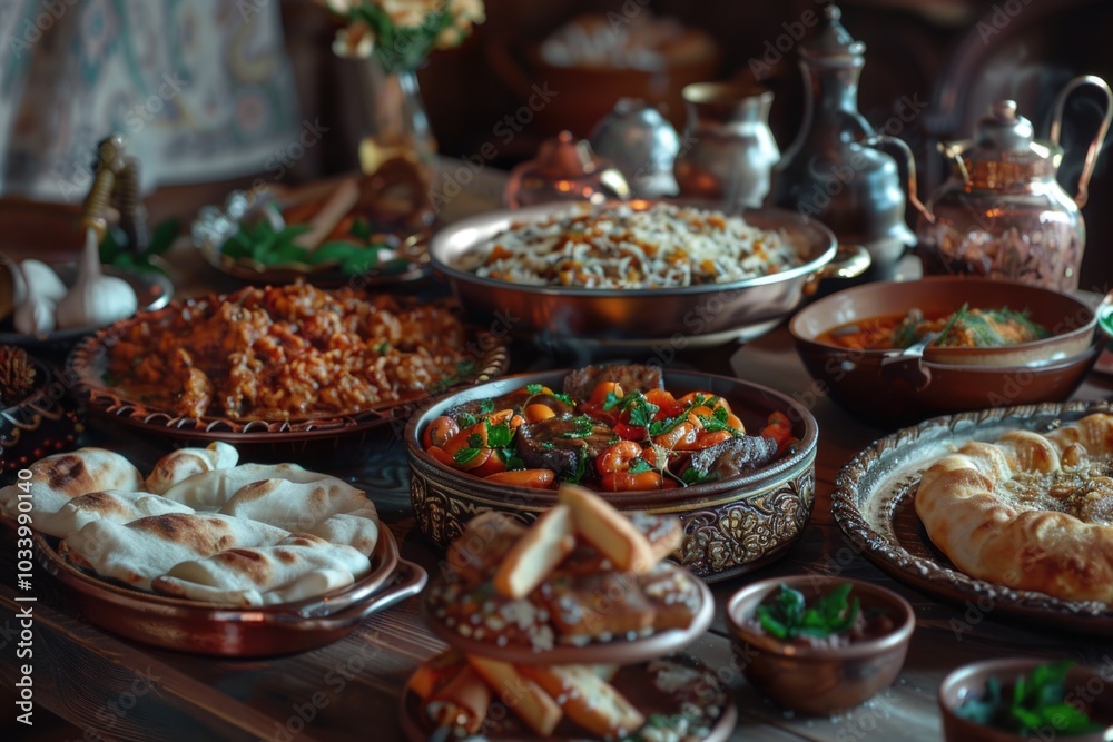 Poster a diverse selection of foods on a table for serving and enjoyment