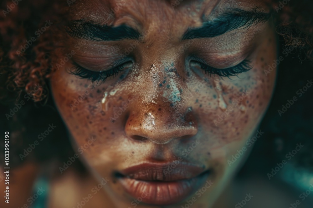 Poster Close-up shot of a woman's face with distinctive freckles, ideal for beauty or personal use