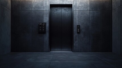 A black elevator with lights on in a dark room