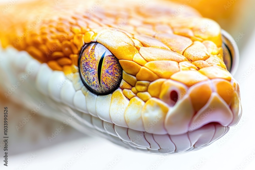 Poster a close-up view of a snake's eye on a white background, ideal for use in scientific or educational c