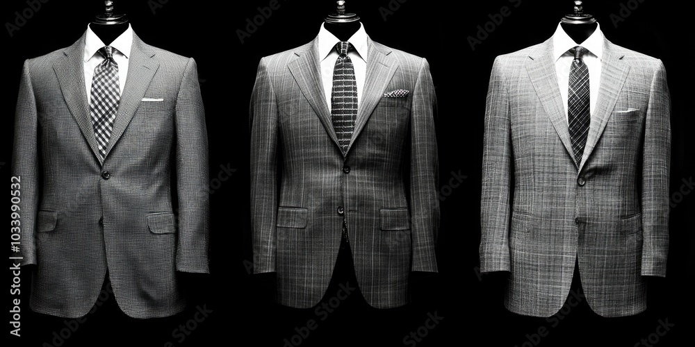 Poster three men's suits displayed on mannequins in a black and white color scheme, ideal for fashion or bu