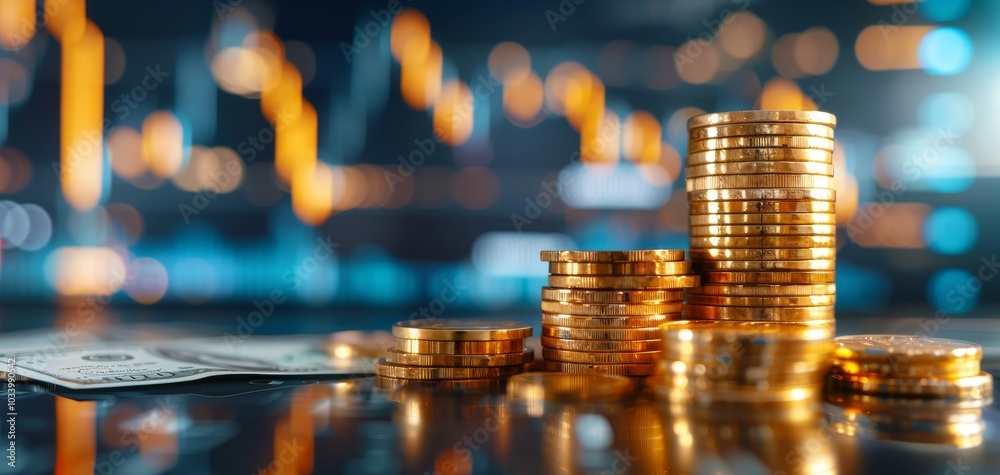 Fototapete stack of golden coins and dollars on a reflective surface with blurred financial graphs in the backg