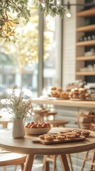 Fototapeta premium An empty scene featuring blank mockup template (a quaint cafÃ© setting where patrons enjoy deviled eggs alongside pastries and fresh coffee, creating a warm ambiance)