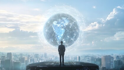 Man Standing on a Platform Overlooking a City with a Networked Earth Globe Above Him