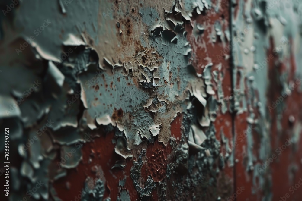 Poster a close-up shot of peeling paint on a wall, great for representing decay or neglect in various conte