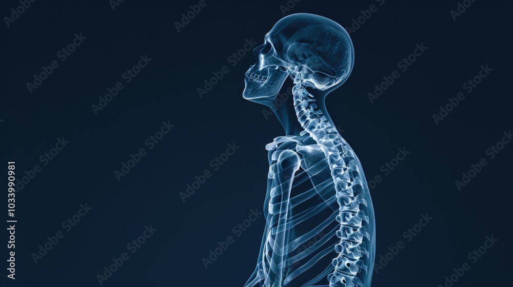 Poster a skeleton illuminated by a blue light, great for use in halloween-themed designs or as a symbol of 