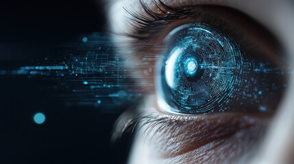 An abstract, glowing eye with digital patterns represents vigilance in cybersecurity and constant monitoring, Created with Generative AI.