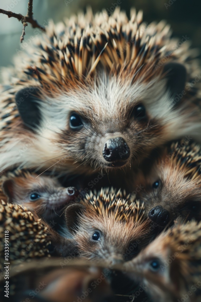 Poster group of hedgehogs stacked on top of each other, a unique and playful scene